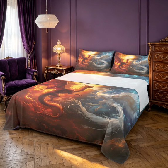 Manfei Fantasy Dragon Animals King Sheets,Gothic Cloud Bedding,Orange Red,4 Pieces,1 Flat Sheet,1 Fitted Sheet and 2 Pillowcases