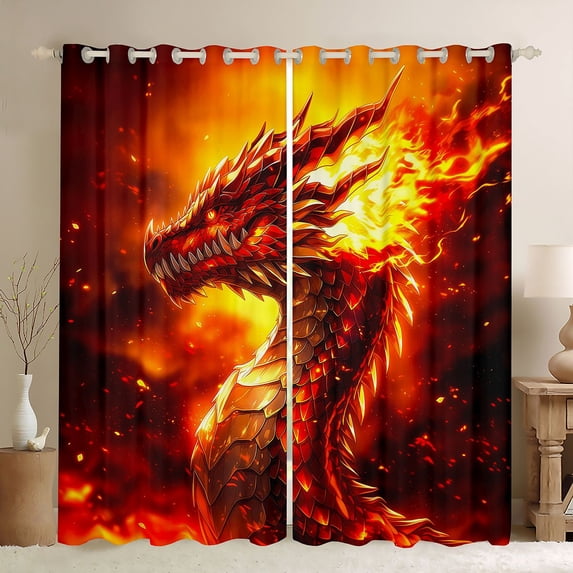 Manfei Fantasy Dragon Animals Kitchen Curtains,Vintage Wildlife Black Out Curtains Pack of 2 (42x63 Each),Red Orange