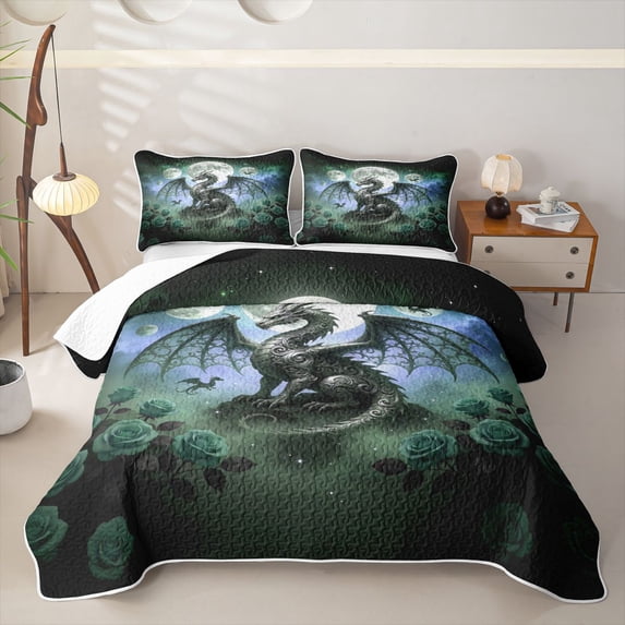 Manfei Fantasy Dragon Animals Quilt King,Gothic Rose Cloud Stars King Coverlet Set,Green Blue,3-Piece,1 Bedspread and 2 Pillowcases