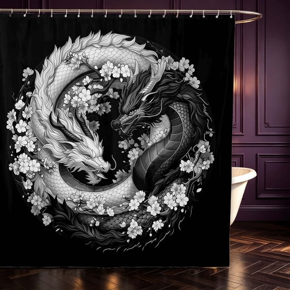 Manfei Fantasy Dragon Animals Shower Curtain 72Wx72L,Gothic Flower Bathroom Curtain,Black Gray