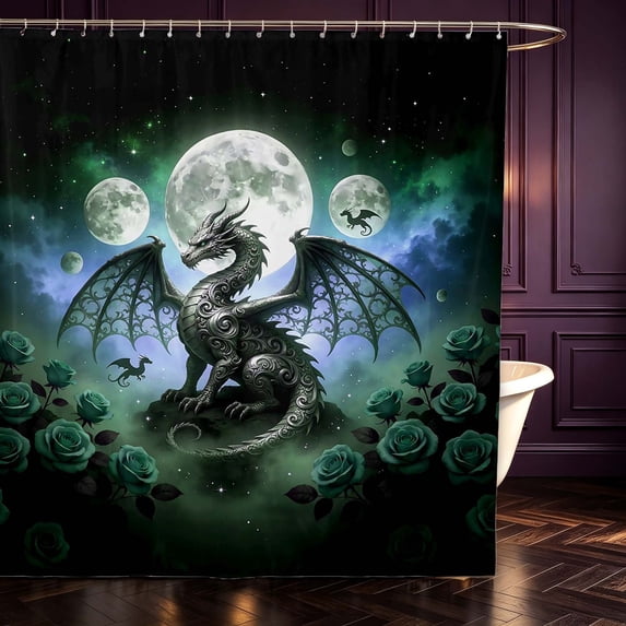 Manfei Fantasy Dragon Animals Shower Curtain 72Wx78L,Gothic Rose Cloud Stars Bath Curtain,Green Blue