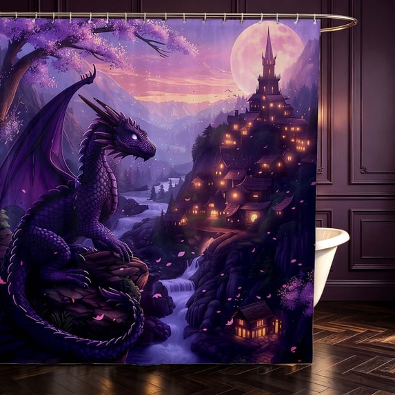 Manfei Fantasy Dragon Animals Shower Curtain 72Wx84L,Gothic Castle Bathroom Shower Curtain,Purple Yellow