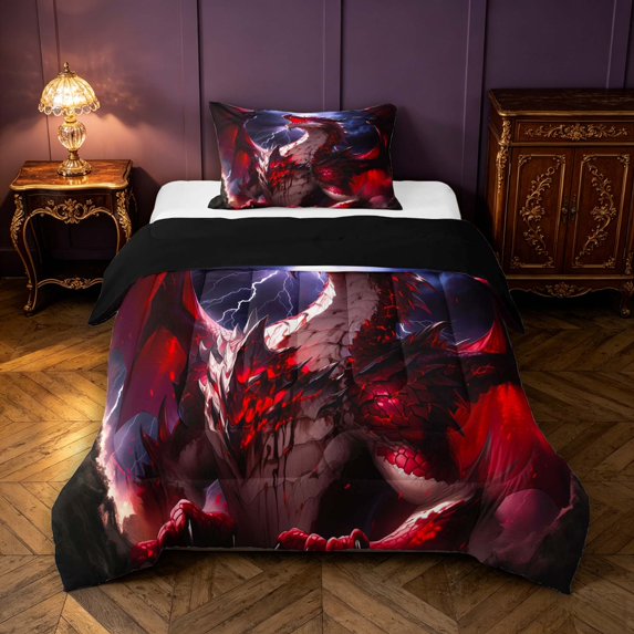 Manfei Fantasy Dragon Animals Twin Comforter Sets,Retro Lightning Bedding Set,Red Pink,Black Reversible,2pcs,1 Comforter and 1 Pillowcase