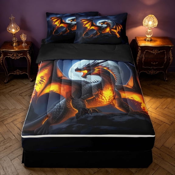 Manfei Fantasy Dragon Animals Zipper Twin Comforter Sets with Fitted Sheet and 2 Pillowcases,Gothic Mountain Cloud Zipper Bedding Set,Blue Orange,Black Reversible,4pcs