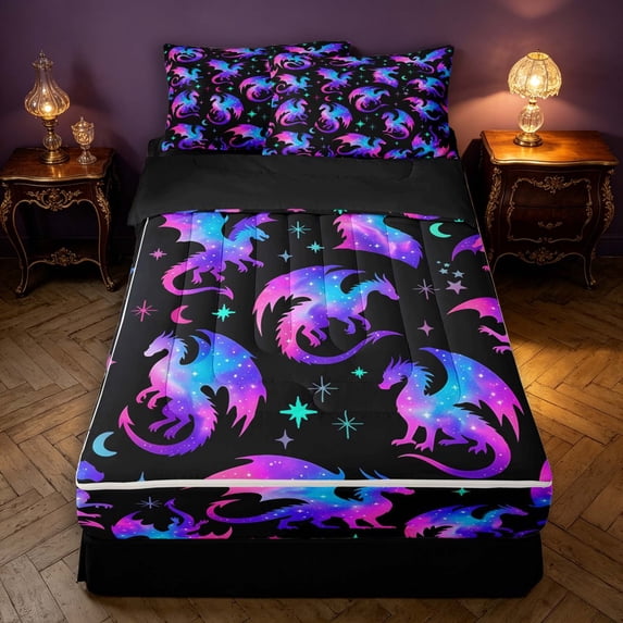 Manfei Fantasy Dragon Animals Zipper Twin Comforter Sets with Fitted Sheet and 2 Pillowcases,Vintage Stars Moon Zipper Bedding Set,Blue Purple,Black Reversible,4pcs
