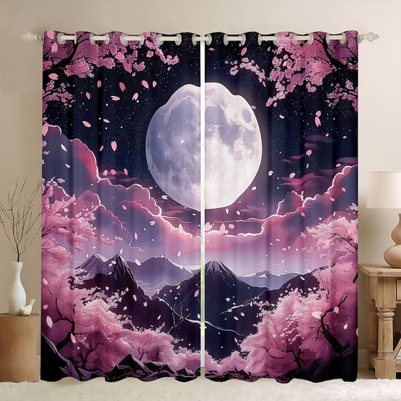 Manfei Fantasy Fuji Black Out Curtains for Home, Moon Cherry Mountain Curtains Pack of 2 (42x63 Each) for Office, Pink Purple Black