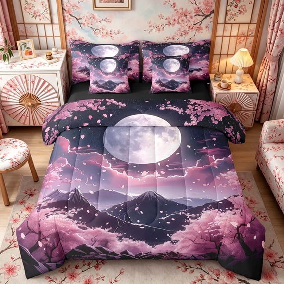 Manfei Fantasy Fuji Twin Bedding Sets for Home, Moon Cherry Mountain Bedding Comforter Set for Office, Pink Purple Black, Black Reversible 7pcs