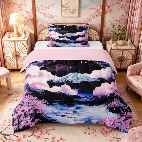 Manfei Fantasy Fuji Twin Comforter Sets for Home, Night Cherry Bedding Set for Office, Pink Blue Black, Pink Reversible 2 Pieces, 1 Comforter and 1 Pillowcase