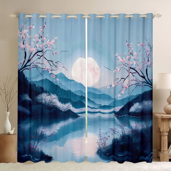 Manfei Fantasy Lake Black Out Curtains for Girls Women, Moon Cherry Mountain Curtains Pack of 2 (42x63 Each), Blue Pink White