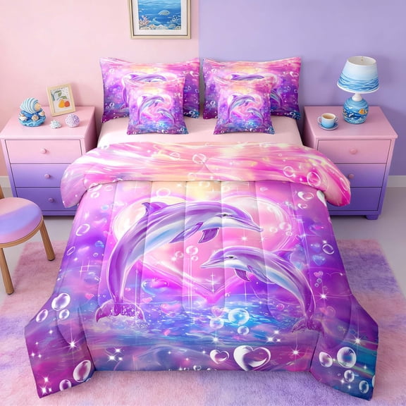 Manfei Fantasy Pink Purple Dolphin Twin Bedding Sets for Girls, Magical Fish Print Bedding Comforter Set, Pink Reversible 7pcs