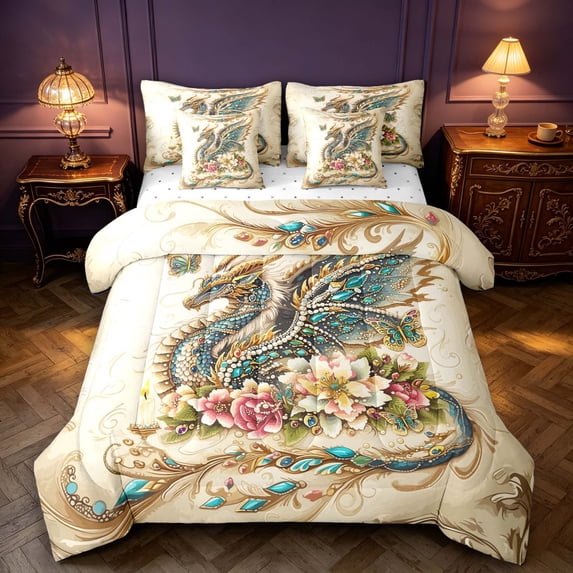 Manfei Fantasy Pterosaur Animals 7-Piece Twin Bedding,Gothic Floral Butterfly Bedding Comforter Set,Cream,Reversible