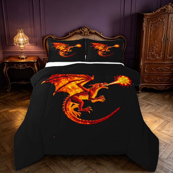 Manfei Fantasy Red Dragon Animals Queen Comforter Set,Gothic Wildlife Comforter Sets Queen,Black Orange,Black Reversible,3 Pieces,1 Comforter and 2 Pillowcases