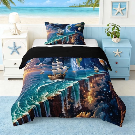 Manfei Fantasy Sailing Ship Twin Comforter Sets for Kids Boys and Girls, Ocean Waterfall Planet Bedding Set, Black Reversible 2-Piece, 1 Comforter and 1 Pillowcase