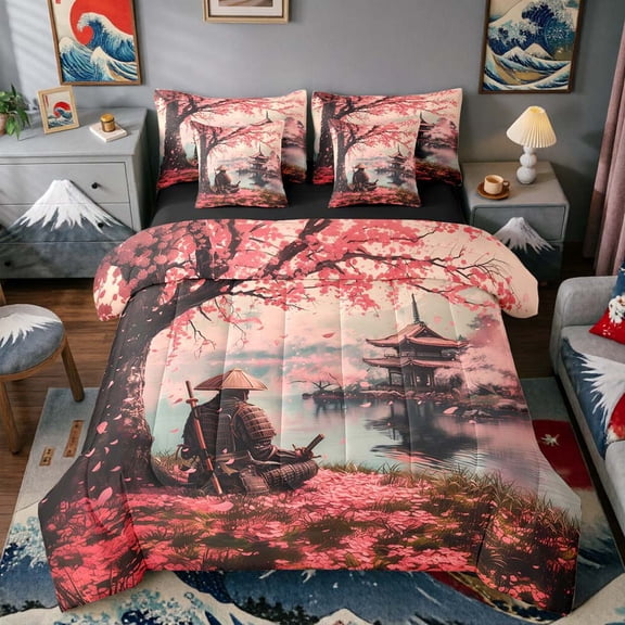 Manfei Fantasy Samurai Bedding Comforter Set for Boys Men, Cherry Lake Full Bedding Set, Pink Black Teal, Black Reversible7-Piece
