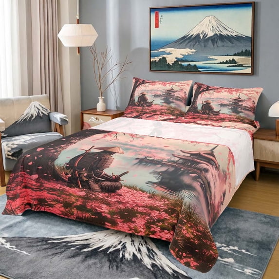Manfei Fantasy Samurai Full Size Sheets for Boys Men, Cherry Lake Bed Sheets, Pink Black Teal 4-Piece, 1 Flat Sheet, 1 Fitted Sheet and 2 Pillowcases