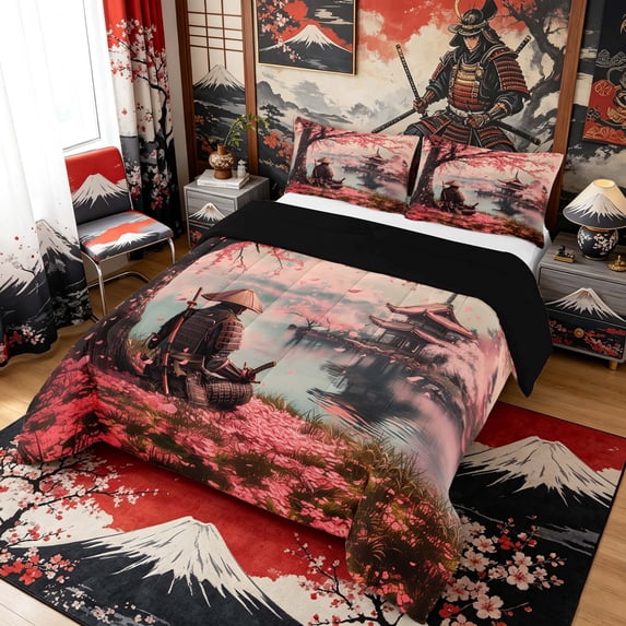 Manfei Fantasy Samurai Queen Comforter Set for Boys Men, Cherry Lake Bedding Comforter Set, Pink Black Teal, Black Reversible 3-Piece, 1 Comforter and 2 Pillowcases