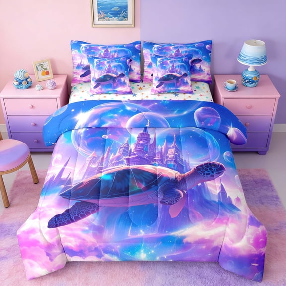 Manfei Fantasy Sea Turtle Twin Bedding Sets for Girls, Magical Castle Bedding Comforter Set, Stars Reversible 7pcs