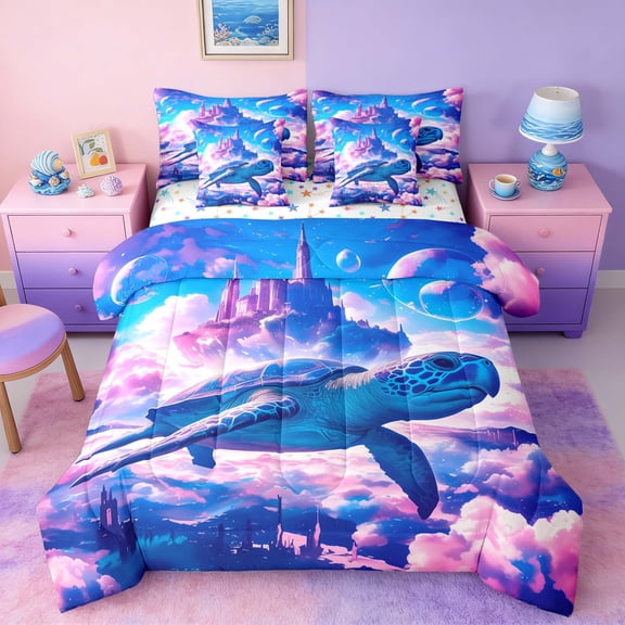 Manfei Fantasy Sea Turtle Twin Bedding Sets for Kids Boys and Girls, Magical Princess Castle Bedding Comforter Set, Stars Reversible 7 Pieces