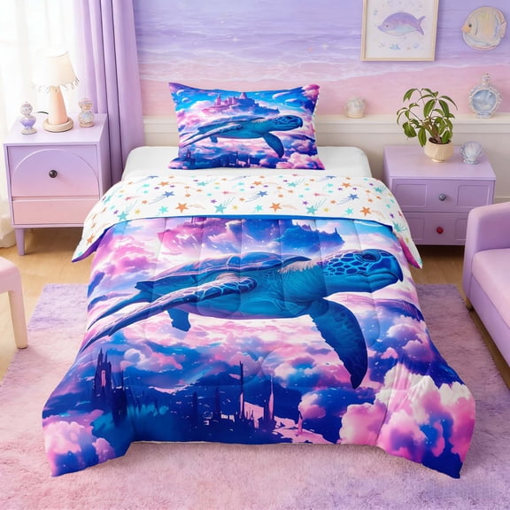 Manfei Fantasy Sea Turtle Twin Comforter Sets for Kids Boys and Girls, Magical Princess Castle Bedding Set, Stars Reversible 2 Pieces, 1 Comforter and 1 Pillowcase