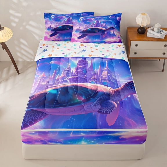 Manfei Fantasy Sea Turtle Zipper Twin Comforter Sets with Fitted Sheet and 2 Pillowcases for Girls, Magical Castle Zipper Bedding Set, Stars Reversible, 4 Pieces