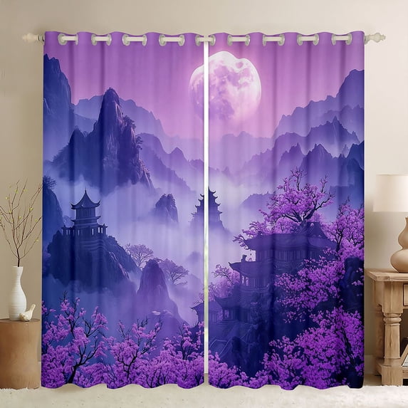 Manfei Fantasy Temple Black Out Curtains for Girls, Purple Moon Cherry Curtains Pack of 2 (42x63 Each), Purple Black Pink