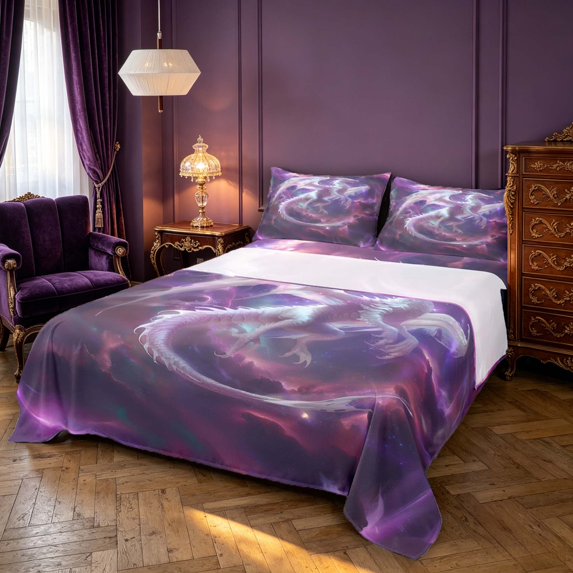 Manfei Fantasy White Dragon Animals Bed Sheets,Gothic Cloud Stars Full Size Sheets,Purple White,4-Piece,1 Flat Sheet,1 Fitted Sheet and 2 Pillowcases