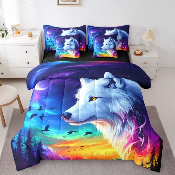 Manfei Fantasy Wolf 7pcs Queen Bedding,Colorful Sky Bedding Comforter Set Queen,Black Reversible