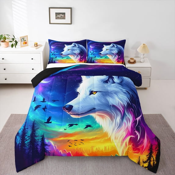 Manfei Fantasy Wolf Full Size Comforter Sets,Colorful Sky Bedding Comforter Set,Black Reversible,3-Piece,1 Comforter and 2 Pillowcases