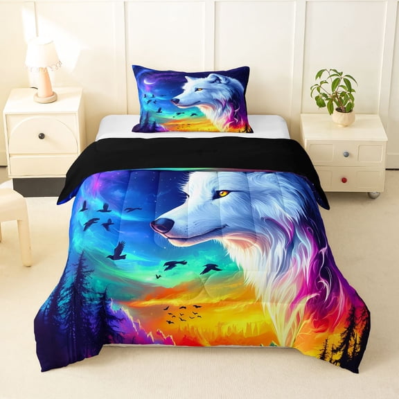 Manfei Fantasy Wolf Twin Comforter Sets,Colorful Sky Bedding Set,Black Reversible,2pcs,1 Comforter and 1 Pillowcase