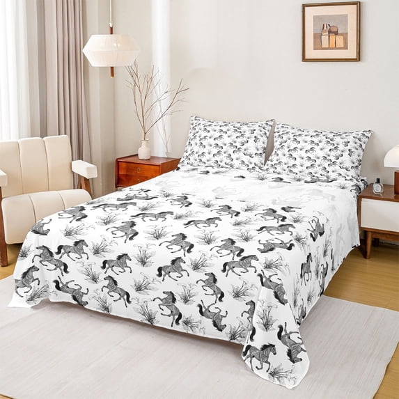 Manfei Farm Aniaml Horse Full Size Sheets,Rustic Western Trbal Bed Sheets,White Gray Sheet Sets For Boys Kids,Luxury Bedroom Decor,4-Piece