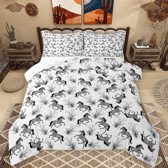 Manfei Farm Aniaml Horse Queen Comforter Set,Rustic Western Trbal Bedding Sets,White Gray Bedding Comforter Set For Boys Kids,Luxury Bedroom Decor Reversible,3 Pieces