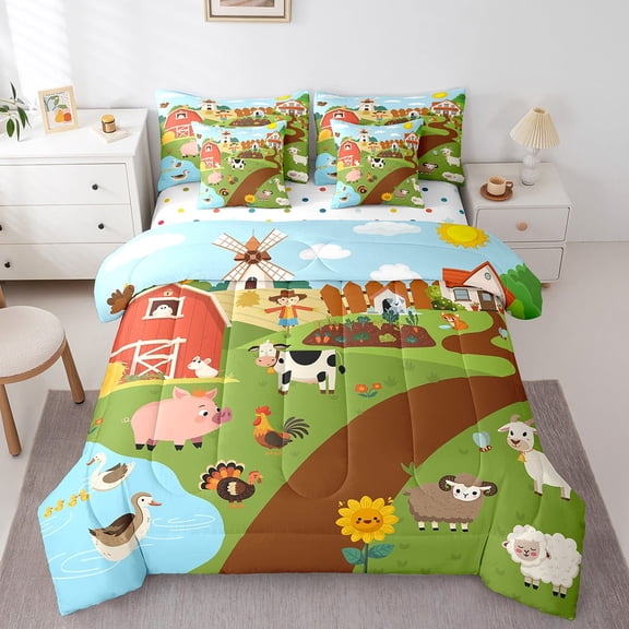 Feelyou Farm Animal Bedding Comforter Set 7-Piece, Cartoon Cow Pig Sheep King Bedding Sets, Child Boys Girls Preppy Bed Sheets, Breathable Bedroom Decorative