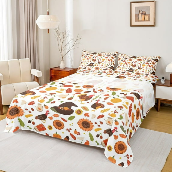 Manfei Farm Animal Full Size Sheets,Chicken Sunflower Pumpkin Bed Sheets,Rustic Farmhouse Cabin Sheet Sets,Ultra Soft Room Decor,4 Pieces
