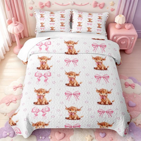 Manfei Farm Animal Highland Cow Quilt Full,Cute Pink Bowknot Full Bedspread Sets,3pcs,1 Coverlet and 2 Pillowcases