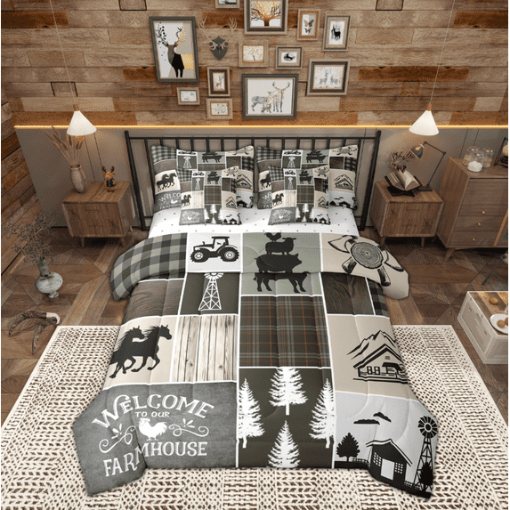 Manfei Farm Animal Horse 7-Piece Bedding Comforter Set,Gray Patchwork Plaid King Bedding Sets,Country Farmhouse Lodge Bed Sheets For Boy Kids,Microfiber Bedroom Decor