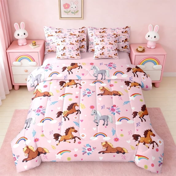 Manfei Farm Animal Horse 7-Piece Twin Bedding Sets,Rustic Farmhouse Cabin Bedding Comforter Set,Multicolor Flower Floral Cartoon Rainbow Sheet Sets For Girl Kids,Ultra Soft Home Decor Reversible