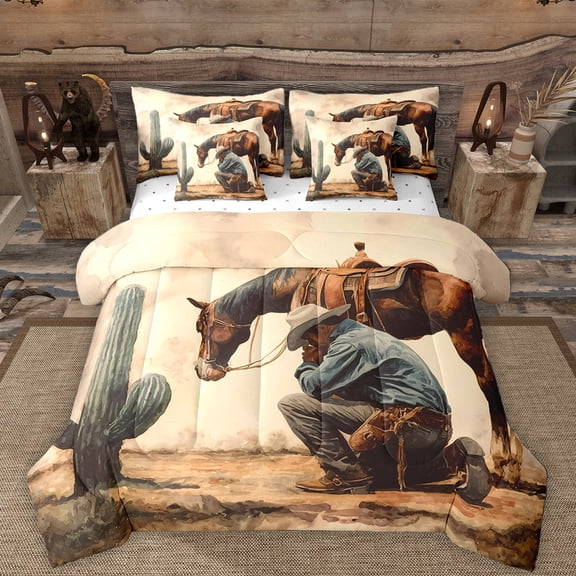 Manfei Farm Animal Horse 7-Piece Twin Bedding Sets,Western Cowboy Bedding Comforter Set,Green Cactus Sheet Sets For Adults,Microfiber Bedroom Decor Reversible