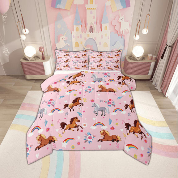 Manfei Farm Animal Horse Bedding Comforter Set,Rustic Farmhouse Cabin Twin Comforter Sets,Multicolor Flower Floral Cartoon Rainbow Bedding Set For Girl Kids,Ultra Soft Home Decor Reversible,2-Piece