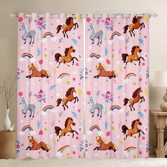 Manfei Farm Animal Horse Blackout Curtains Set of 2 (52x84 Each),Rustic Farmhouse Cabin Window Curtains,Multicolor Flower Floral Cartoon Rainbow Curtains and Drapes For Kids,Ultra Soft Home Decor