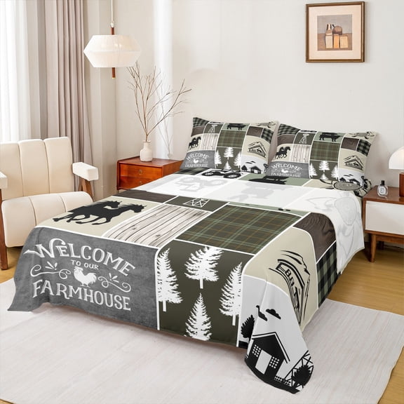 Manfei Farm Animal Horse Full Size Sheets,Gray Patchwork Plaid Bed Sheets,Country Farmhouse Lodge Sheet Sets For Boy Kids,Microfiber Bedroom Decor,4 Pieces