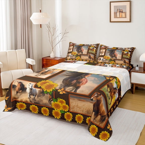 Manfei Farm Animal Horse Queen Sheet Sets,Rustic Flower Sunflower Flat Sheet,Country Farmhouse Lodge Queen Fitted Sheet For Boys,Super Cozy Room Decor,4 Pieces