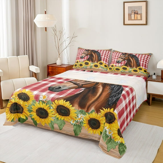 Manfei Farm Animal Horse Queen Sheet Set,Rustic Sunflower,Red Grid,4-Piece Microfiber