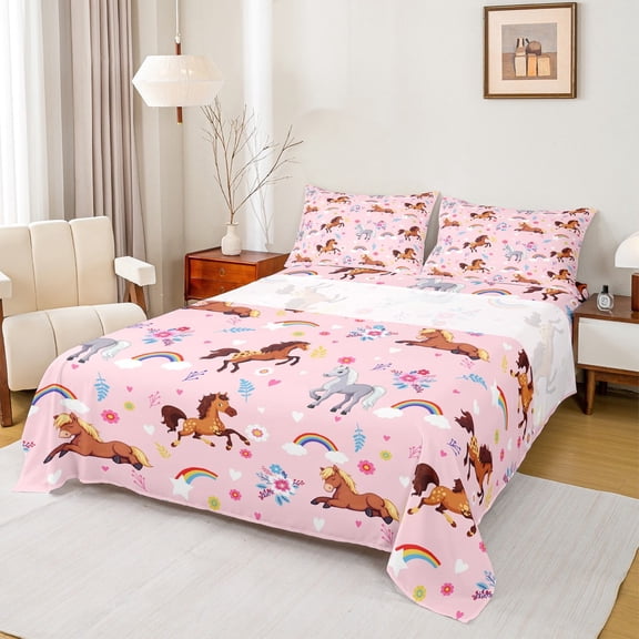 Manfei Farm Animal Horse Twin Sheet Sets,Rustic Farmhouse Cabin Twin Fitted Sheet,Multicolor Flower Floral Cartoon Rainbow Flat Sheet For Girl Kids,Ultra Soft Home Decor,3-Piece