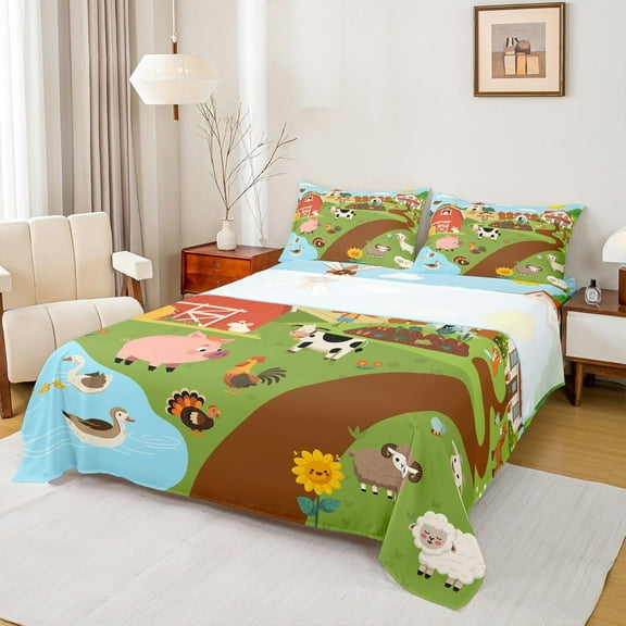 Feelyou Farm Animal Twin Sheet Sets, Cartoon Cow Pig Sheep Twin Fitted Sheet, Child Boys Girls Preppy Flat Sheet, Breathable Bedroom Decorative, 3pcs