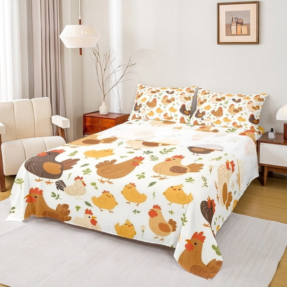 Manfei Farm Animal Twin Sheet Sets, Cartoon Rooster Sheet Set Twin, Rustic Farmhouse Bed Sheets Set Twin Size, Lightweight Room Decoration, 3-Piece