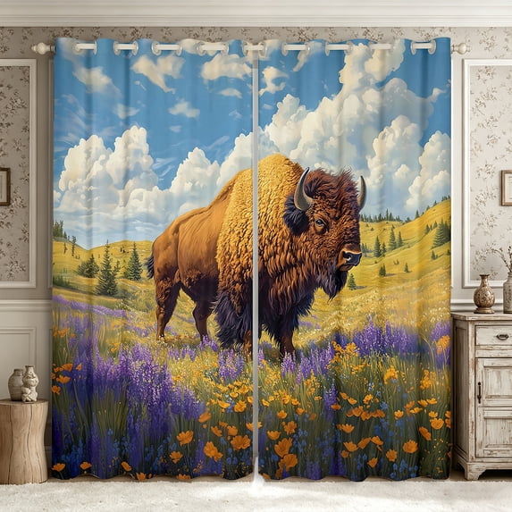 Manfei Farm Bison Blackout Curtains Set of 2 (52x84 Each),Watercolor Floral Animal Curtain,Brown Sky Blue