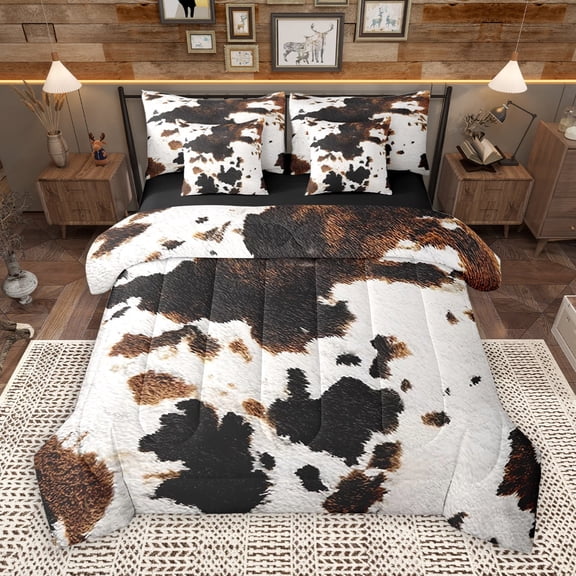 Manfei Farm Cow Hide 7-Piece Twin Bedding Sets,Rustic Farmhouse Cabin Bedding Comforter Set,Brown Black White Sheet Sets For Men Women,Ultra Soft Home Decor Reversible