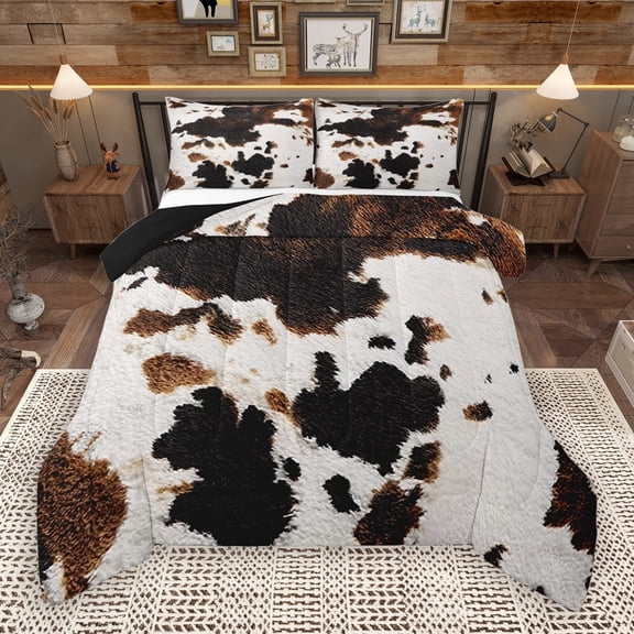 Manfei Farm Cow Hide Queen Comforter Set,Rustic Farmhouse Cabin Bedding Sets,Brown Black White Bedding Comforter Set For Men Women,Ultra Soft Home Decor Reversible,3 Pieces