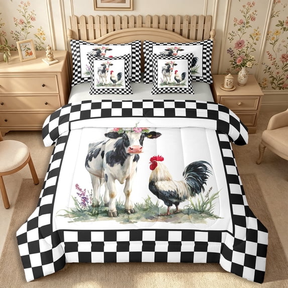 Manfei Farm Cow Rooster 7-Piece Twin Bedding,Minimalist Checkered Bedding Comforter Set,White Black Red