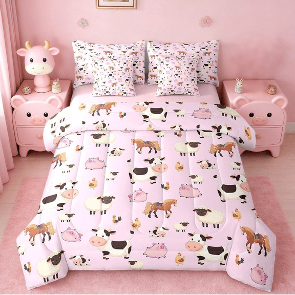 Manfei Farm Cow Sheep 7 Pieces Bedding Comforter Set Boys Girls,Cartoon Animals Full Bedding Set For Kids Reversible
